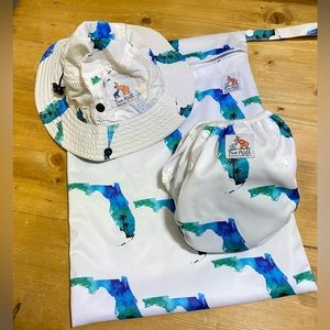 Infant SPF 50 swim diaper and bucket hat matching set with swim bag